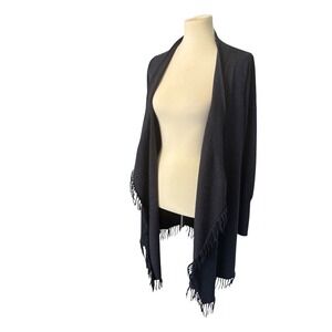 Elena Solano Gray Wool Blend Fringe Open Front Cardigan Sweater Large Classic.
